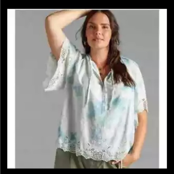 Anthropologie Tie Dye Eyelet Top Blue - Picture 2 of 11